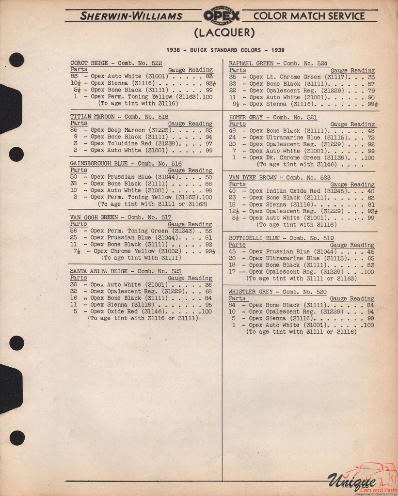 1938 Buick Paint Charts Williams 2